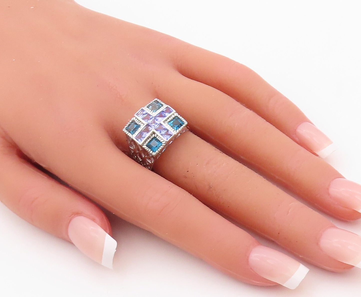 925 Sterling Silver Vintage Ring Square Cut Purple & Blue CZ  Sz 7.5  RG29952