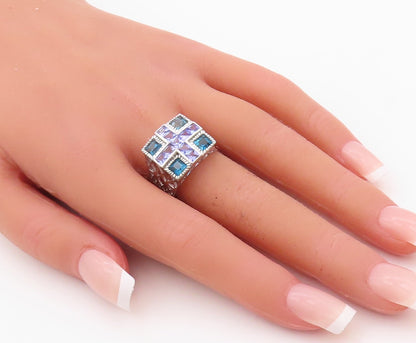925 Sterling Silver Vintage Ring Square Cut Purple & Blue CZ  Sz 7.5  RG29952