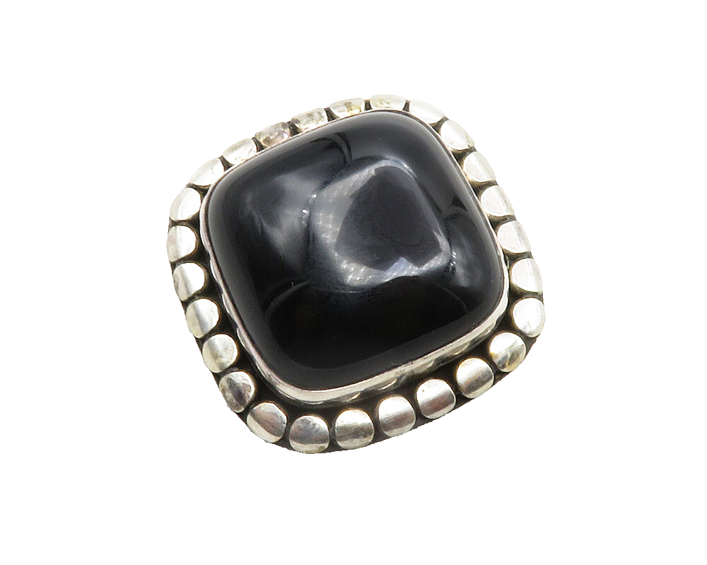 BALI 925 Sterling Silver  Vintage Cabochon Cut Black Onyx Brooch Pin  BP4740