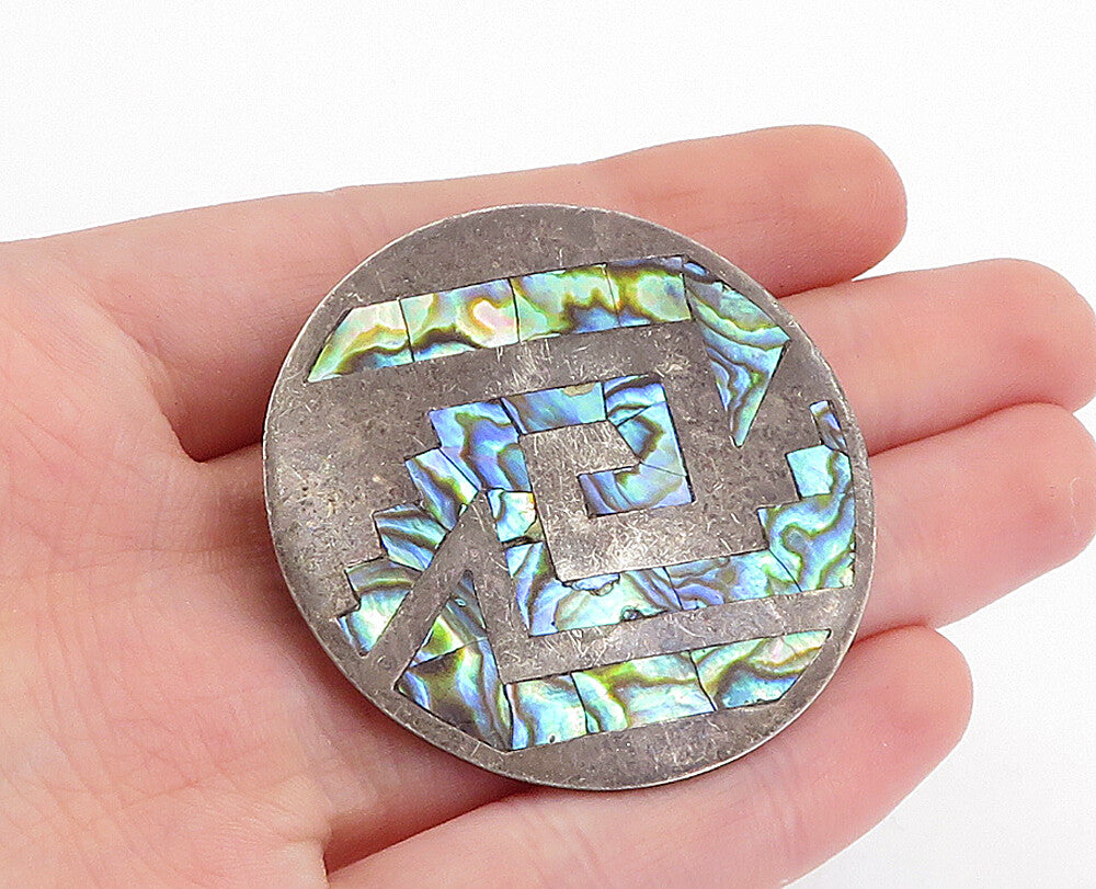 MEXICO 925 Sterling Silver  Vintage Abalone Shell Pattern Brooch Pin  BP1797