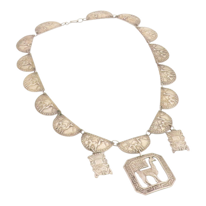 925 Sterling Silver Vintage Necklace PERU Llama & Sun Motif Panel Link  NE4873