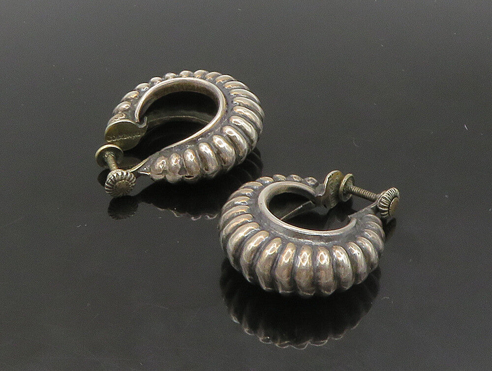 MEXICO 925 Silver  Vintage Fluted Hollow Non Pierce Hoop Earrings  EG11455