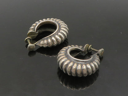 MEXICO 925 Silver  Vintage Fluted Hollow Non Pierce Hoop Earrings  EG11455