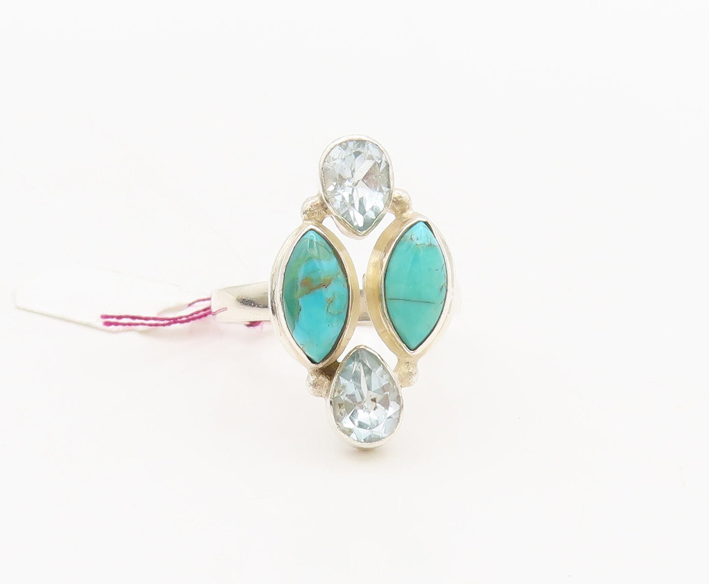 925 Silver  Vintage 2 Stone Blue Topaz & Turquoise Solid Ring Sz 7.75  RG26827