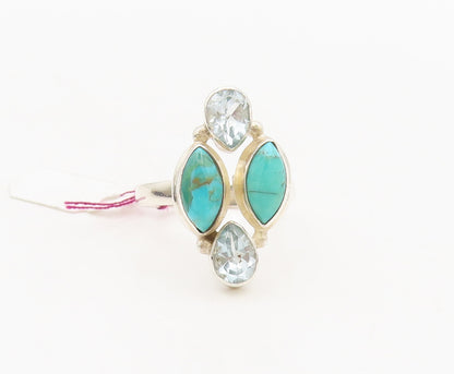 925 Silver  Vintage 2 Stone Blue Topaz & Turquoise Solid Ring Sz 7.75  RG26827