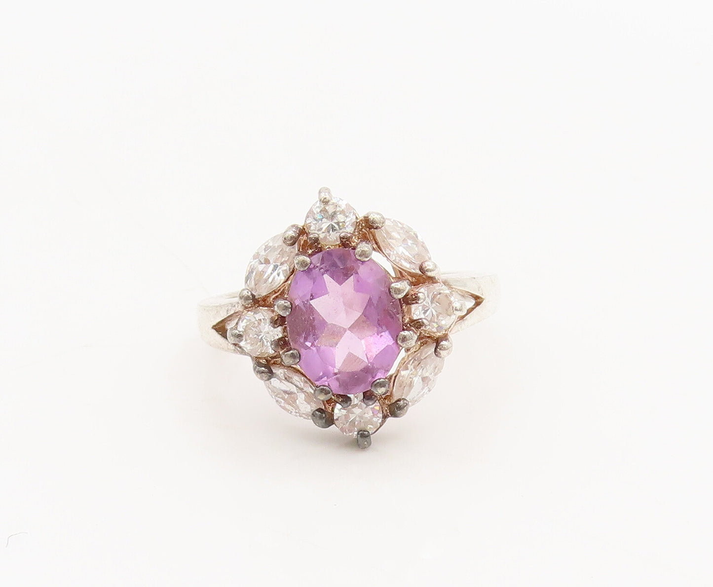 925 Sterling Silver  Vintage Two Tone Multi Cut CZ Floral Ring Sz 7  RG26761