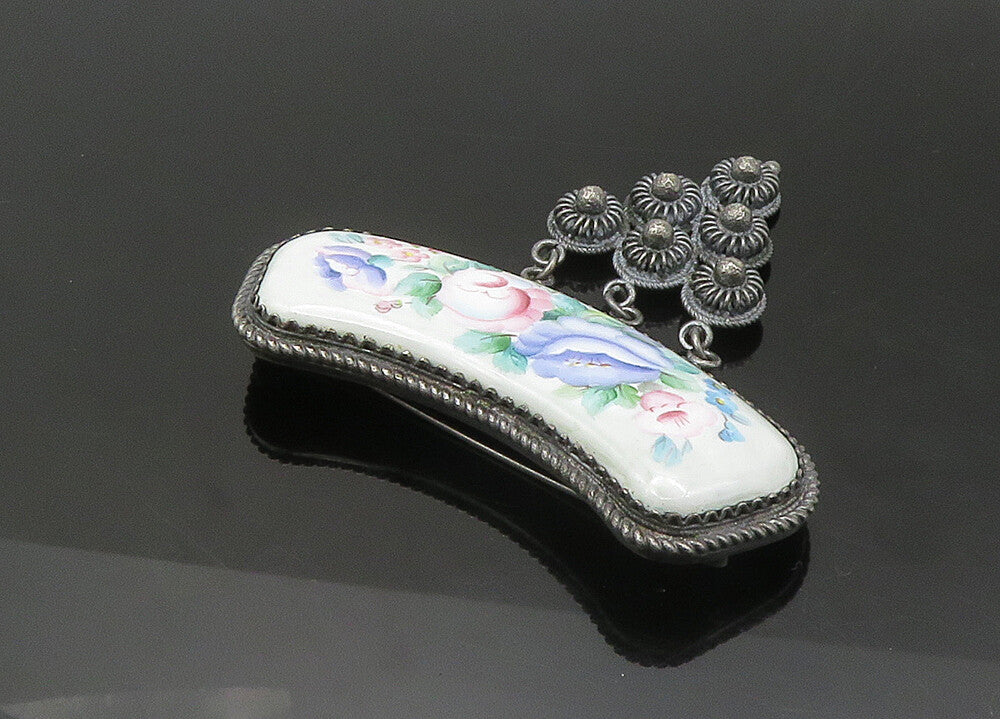 925 Sterling Silver  Vintage Enamel Floral Art Twist Border Brooch Pin  BP8654
