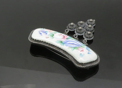 925 Sterling Silver  Vintage Enamel Floral Art Twist Border Brooch Pin  BP8654