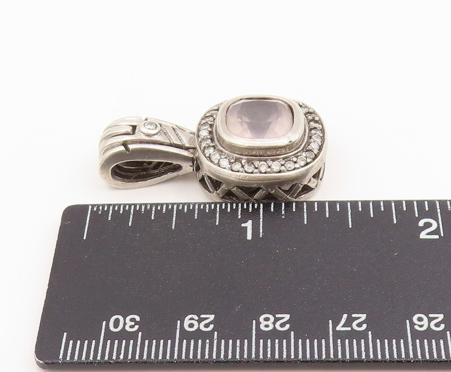 925 Sterling Silver Vintage Pendant Cushion Cut Topaz & Halo CZ Charm  PT25317