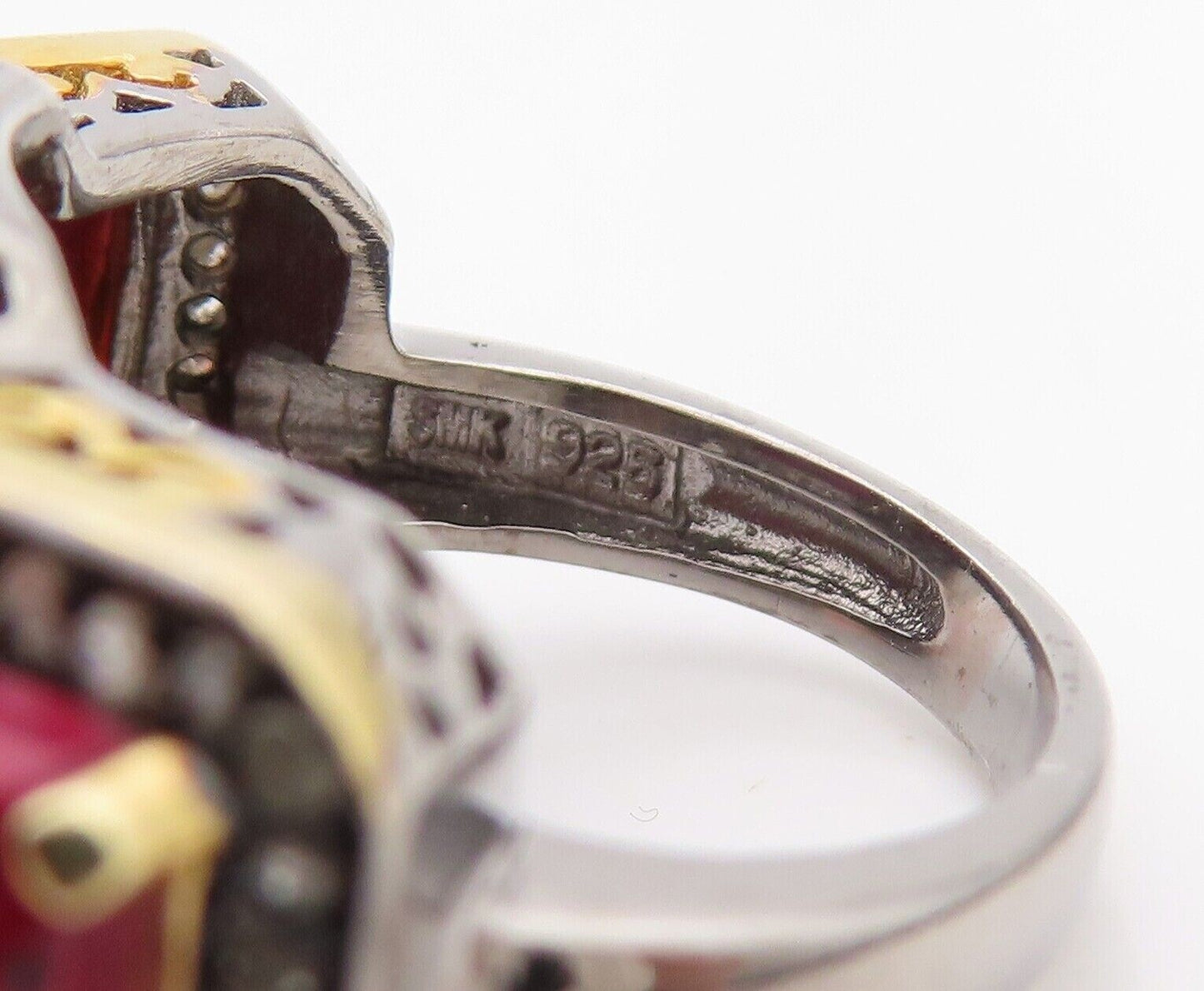 925 Sterling Silver Vintage Ring Diamonds Frame & Red Gemstones  Sz 5  RG30229