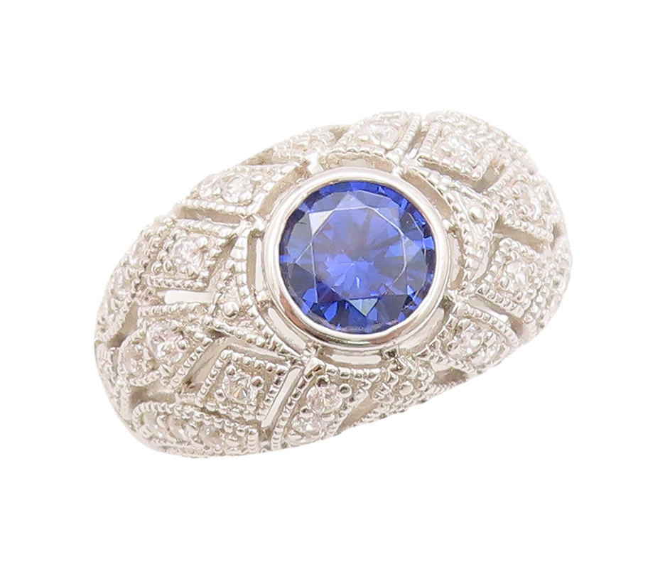 925 Sterling Silver Vintage Ring Round Sapphire Cutout CZ Inlay Sz 7.5  RG29237