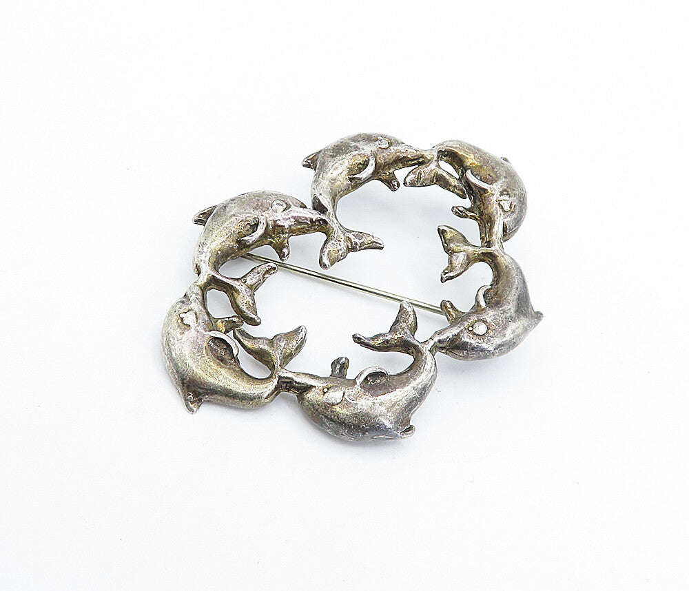 MEXICO 925 Sterling Silver  Vintage Dark Tone Dolphins Brooch Pin  BP1179