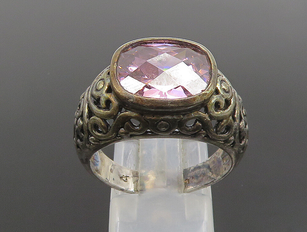 925 Sterling Silver  Vintage Pink Cubic Zirconia Scroll Ring Sz 10  RG24659