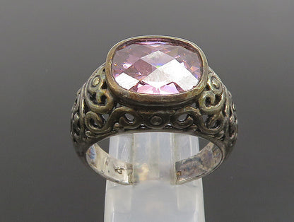 925 Sterling Silver  Vintage Pink Cubic Zirconia Scroll Ring Sz 10  RG24659