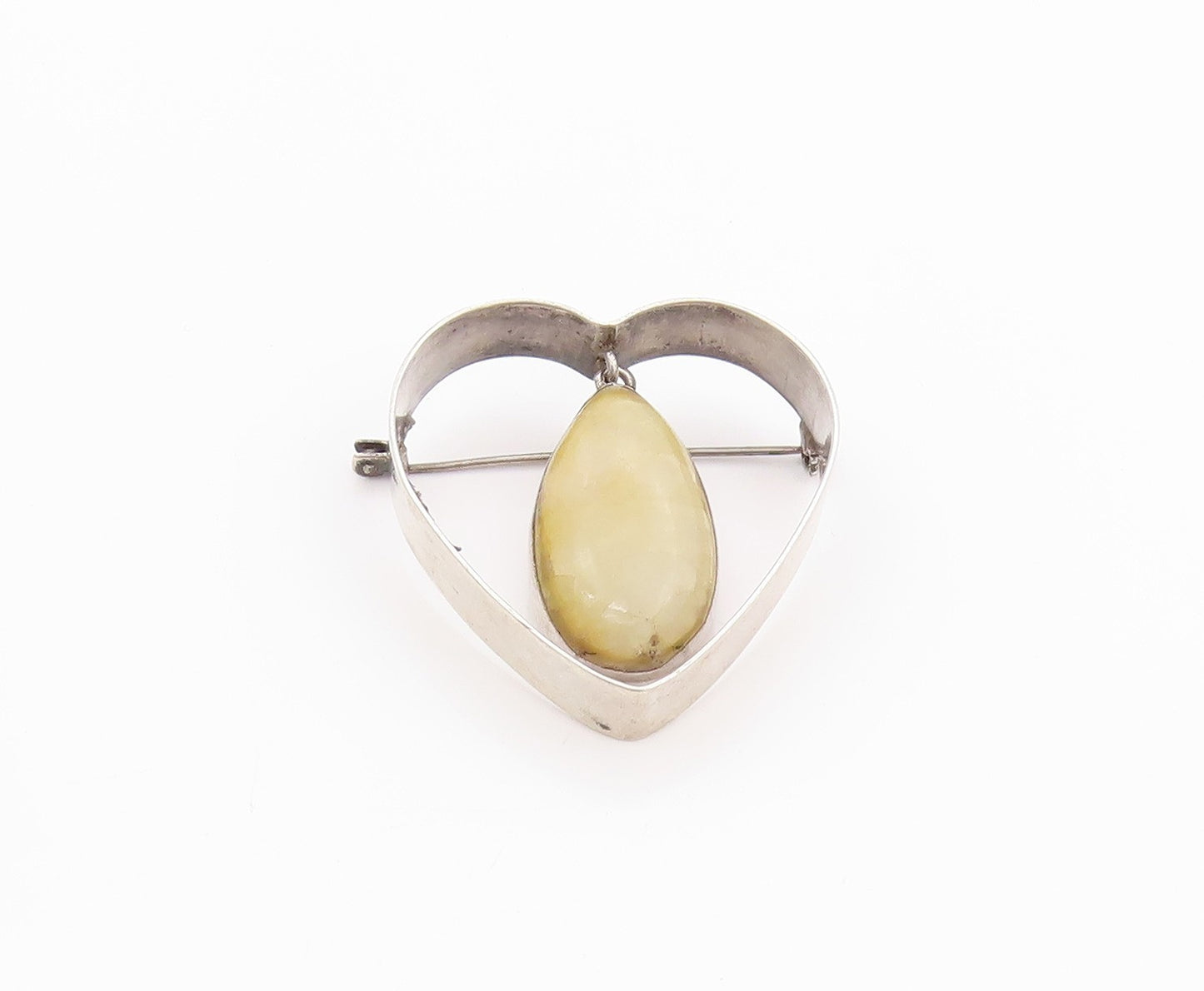925 Sterling Silver Vintage Brooch Pin MEXICO Heart Dangling Gemstone  BP11558