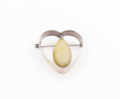 925 Sterling Silver Vintage Brooch Pin MEXICO Heart Dangling Gemstone  BP11558