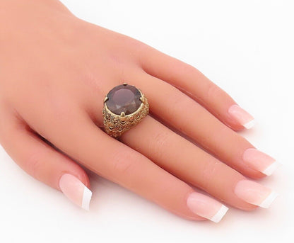925 Sterling Silver Vintage Ring Gold Plate Carved Smoky Quartz  Sz 7  RG30158