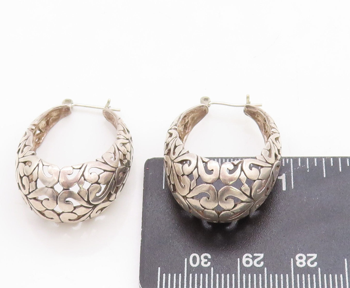 925 Sterling Silver Vintage Earrings Swirly Hearts Design Cutout Hoops  EG13299