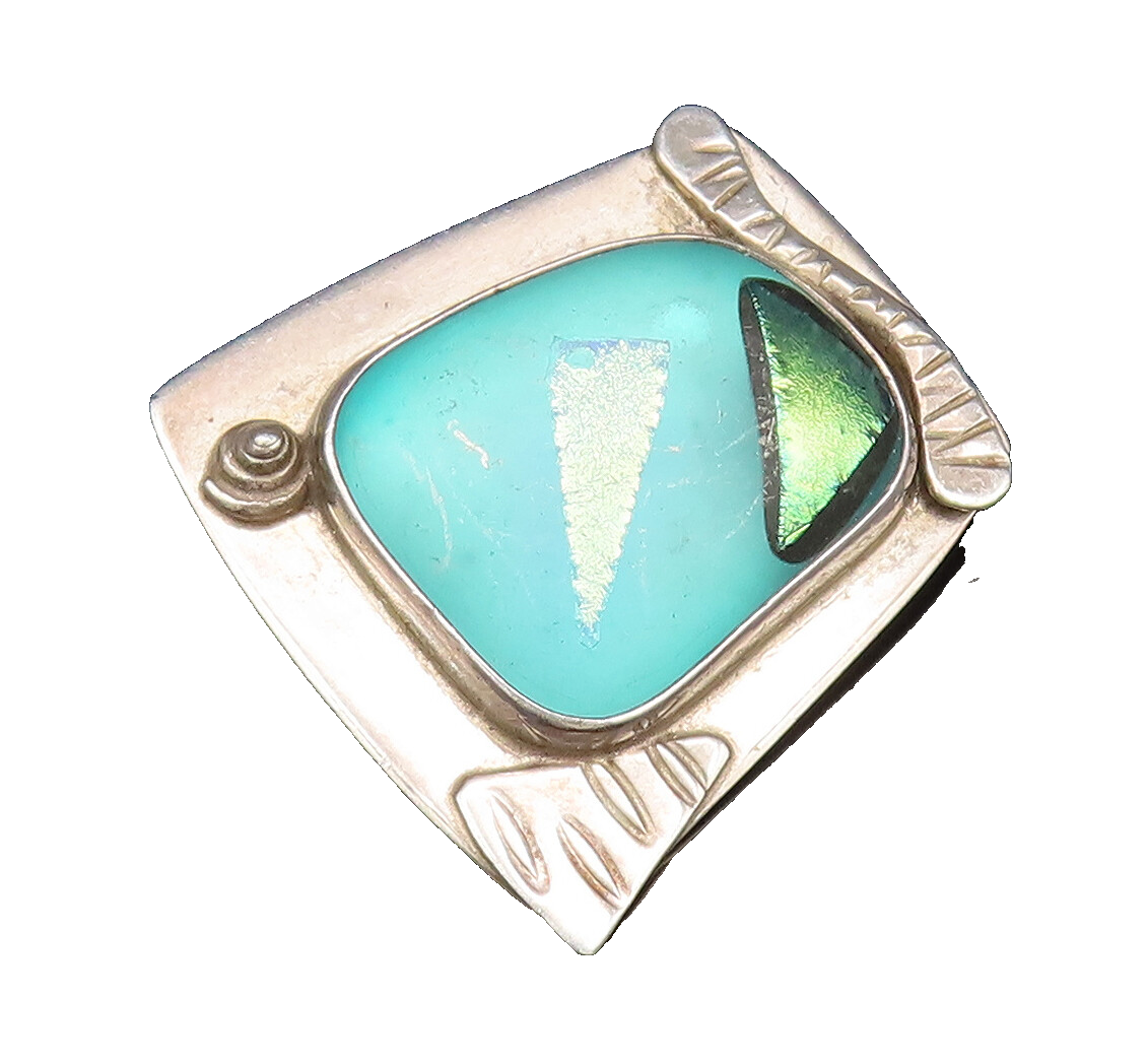 BARBARA SUCHERMAN 925 Silver  Vintage Fused Dichroic Glass Brooch Pin  BP10072