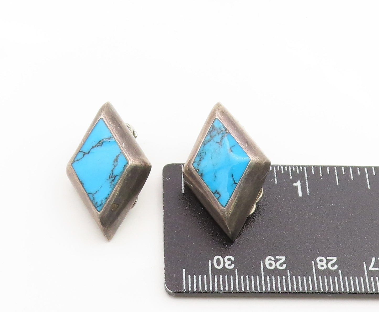 925 Sterling Silver Vintage Earrings MEXICO Turquoise Geometric Clip On  EG14202