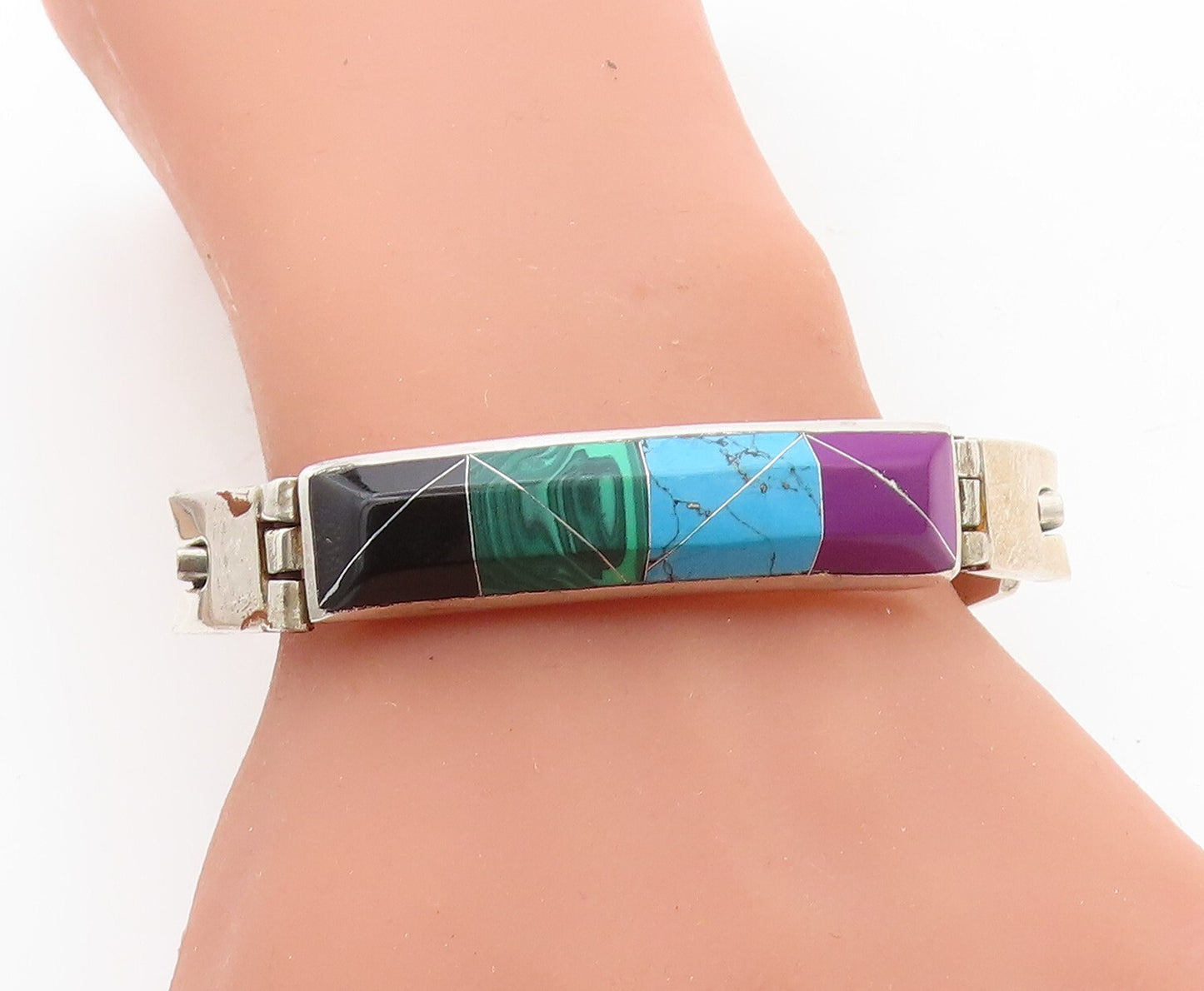 MEXICO 925 Silver  Vintage Malachite Onyx Turquoise & Sugilite Bracelet BT1936