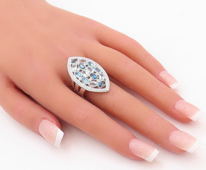 925 Sterling Silver Vintage Ring Oval Cut Blue Topaz Marquise Inlay Sz 7 RG29938