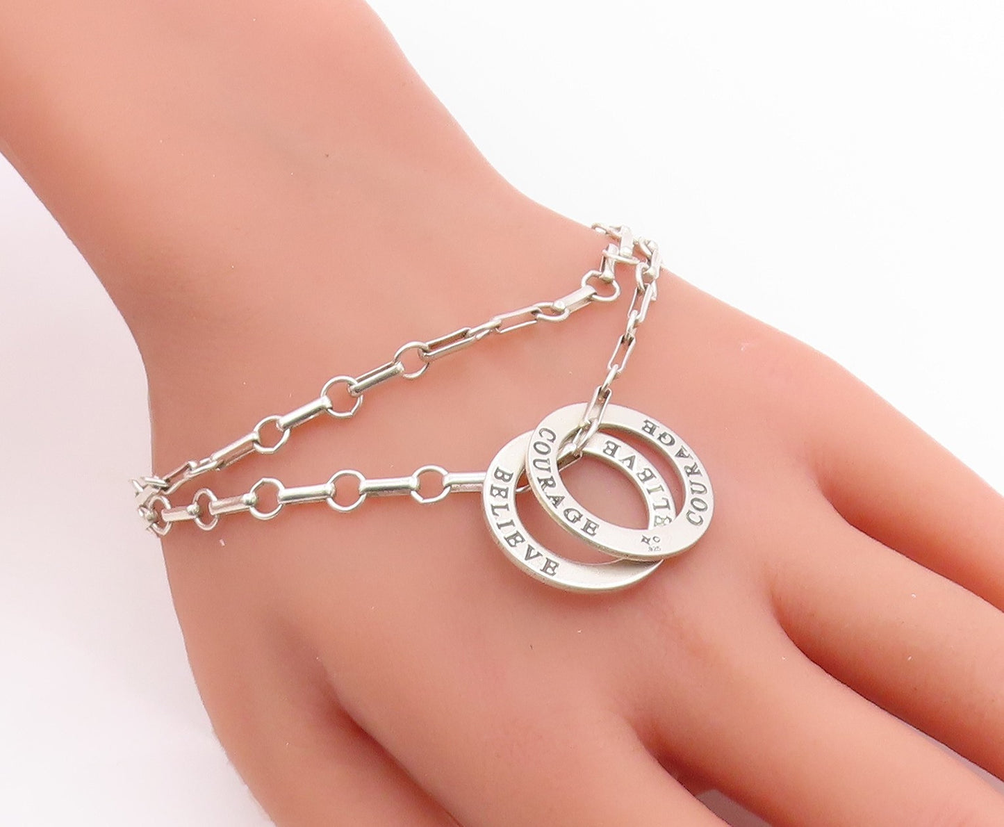 925 Sterling Silver Vintage Bracelet Believe & Courage Interlocking Ring BT12070