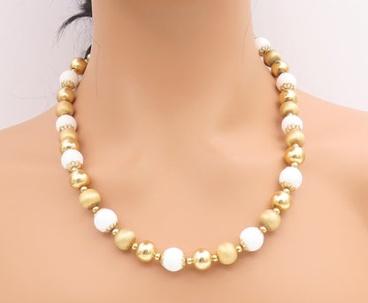 925 Sterling Silver Vintage Necklace Gold Plated White Onyx Beaded Chain  NE4731
