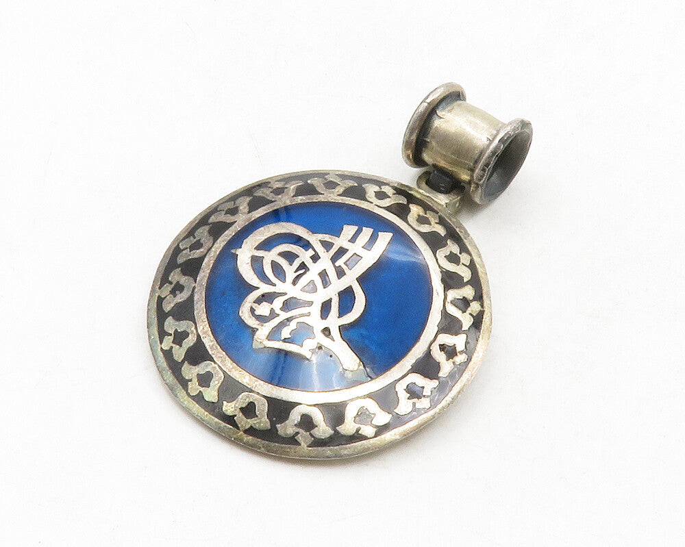 925 Sterling Silver  Vintage Blue Enamel Floral Border Round Pendant  PT10531