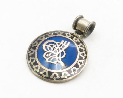 925 Sterling Silver  Vintage Blue Enamel Floral Border Round Pendant  PT10531
