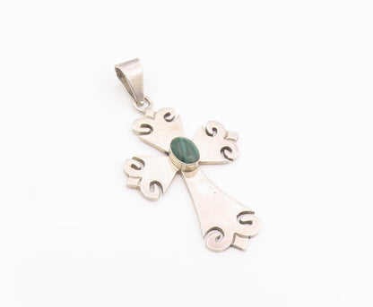 925 Sterling Silver Vintage Pendant MEXICO Malachite Religious Cross  PT26041