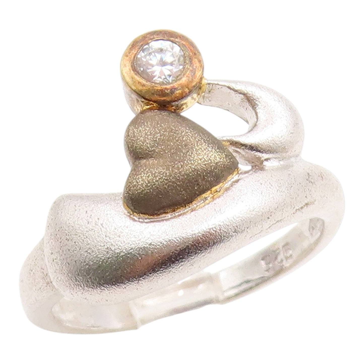 925 Sterling Silver Vintage Ring Topaz Two Tone Love Heart Band  Sz 9  RG35375