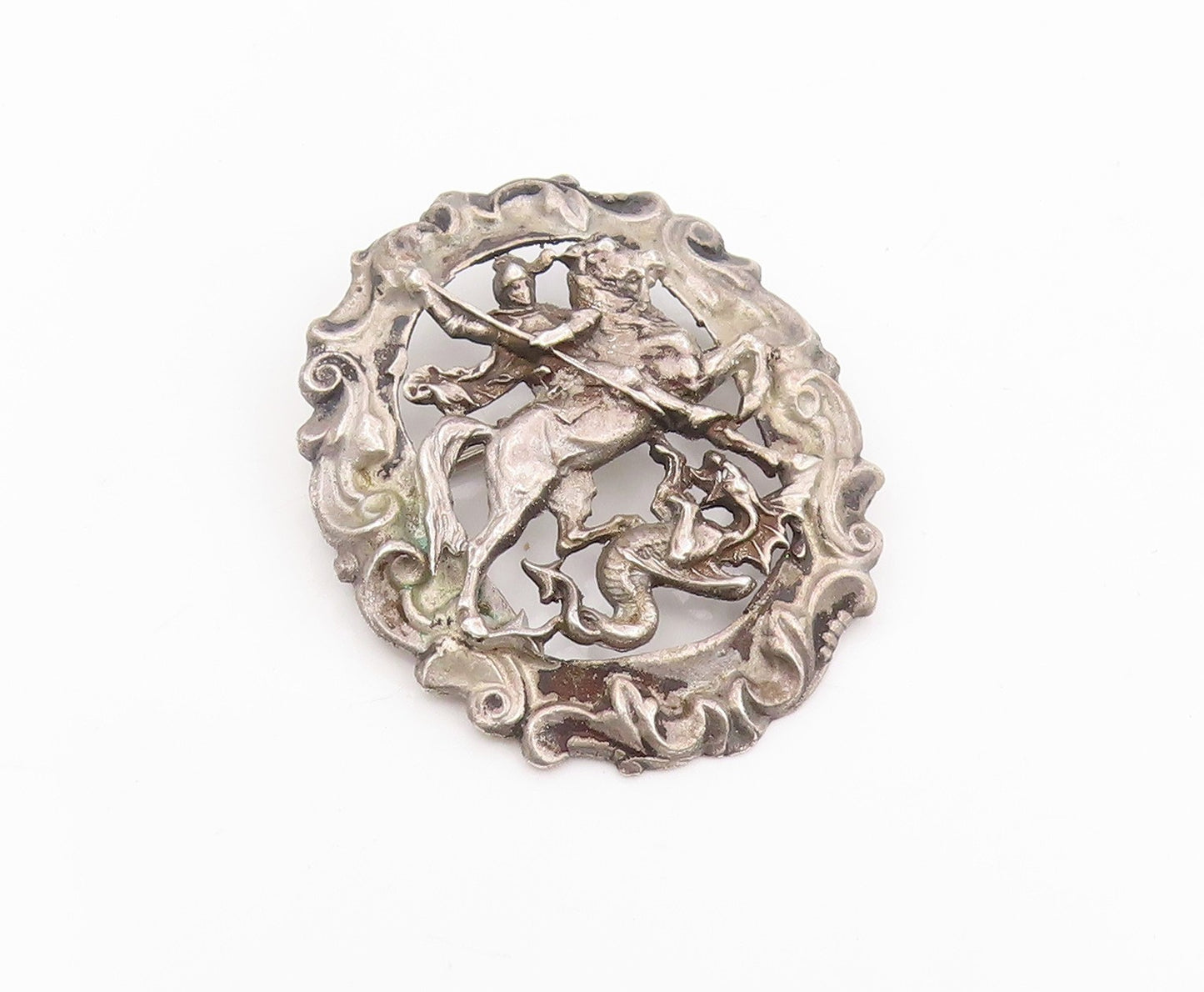 925 Sterling Silver Vintage Brooch Pin Saint George Slaying The Dragon  BP12389