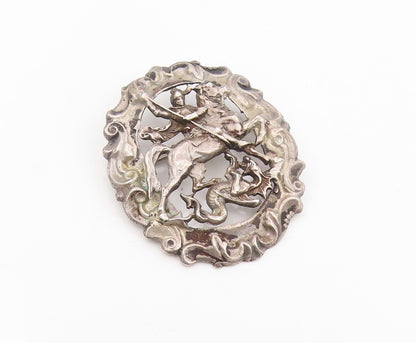 925 Sterling Silver Vintage Brooch Pin Saint George Slaying The Dragon  BP12389