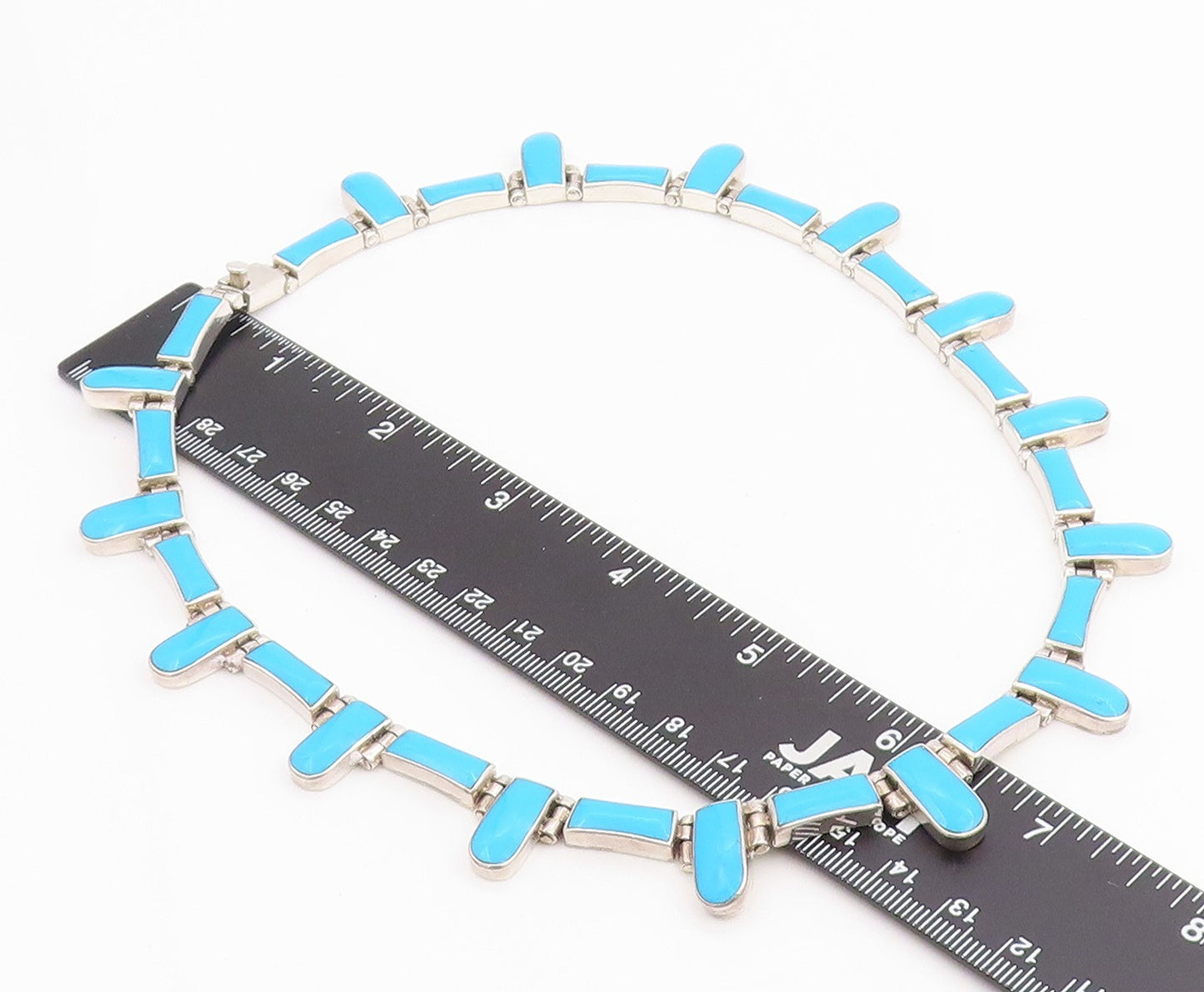 925 Sterling Silver Vintage Necklace MEXICO Turquoise Inlay Panel Choker  NE4787