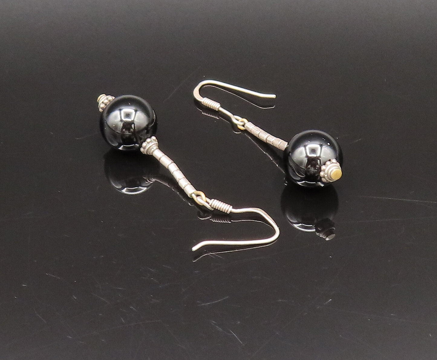 925 Silver  Vintage Detailed Bar & Black Onyx Bead Ball Drop Earrings  EG12281