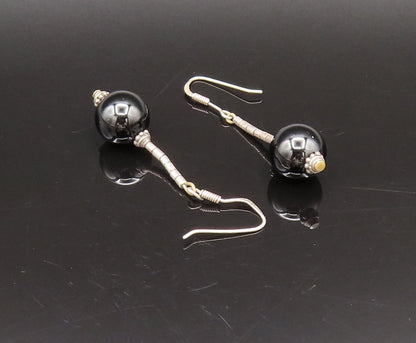 925 Silver  Vintage Detailed Bar & Black Onyx Bead Ball Drop Earrings  EG12281