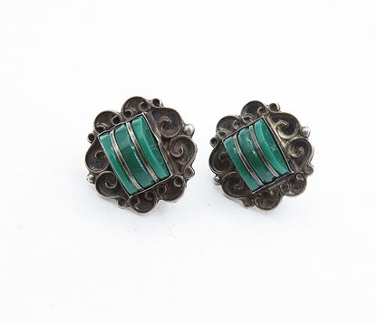 925 Sterling Silver  Vintage Green Onyx Oxidized Non Pierce Earrings  EG2858