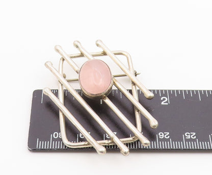 925 Sterling Silver Vintage Brooch Pin Rose Quartz Geometric Lattice  BP12596