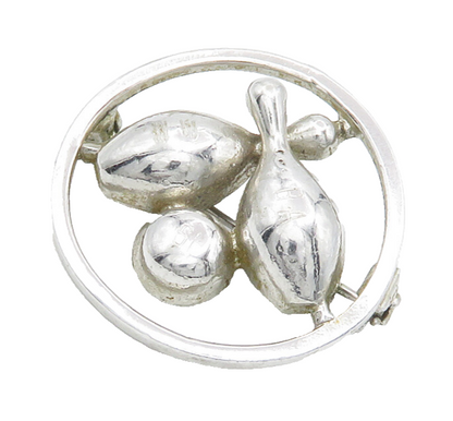 925 Sterling Silver  Vintage Shiny Bowling Ball & Pins Brooch Pin  BP5300