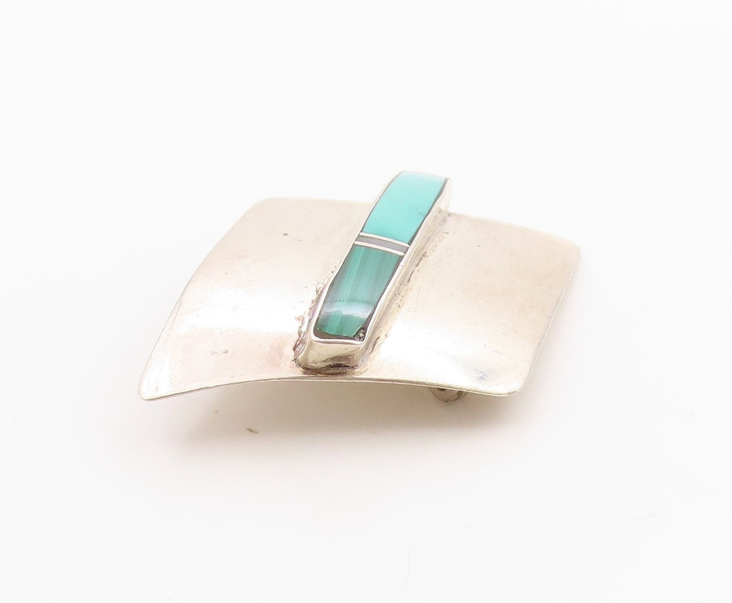 925 Sterling Silver Vintage Brooch NAVAJO Geometric Gemstone Inlay  BP11754
