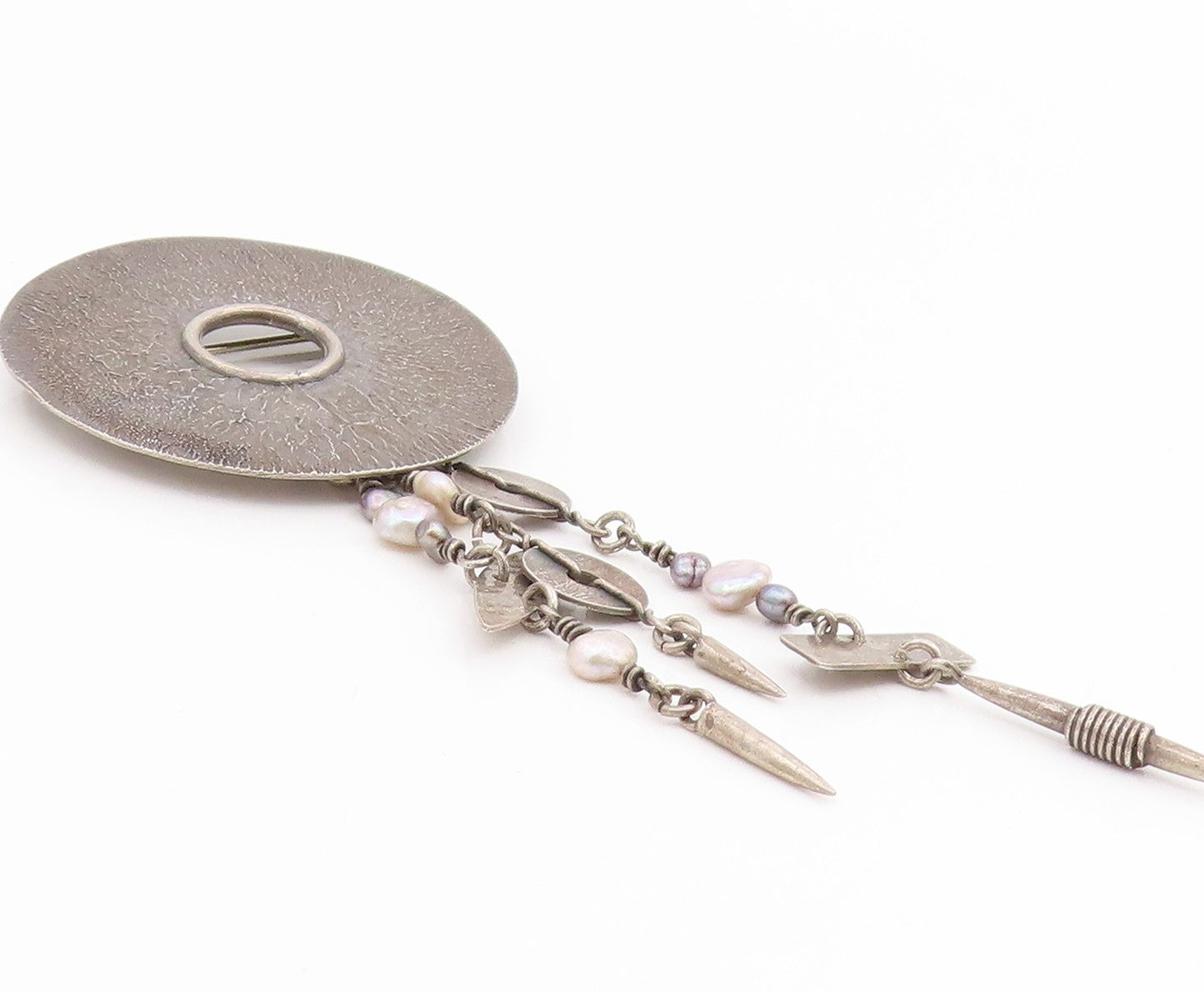 925 Sterling Silver Vintage Brooch Pin ROPER Pearl Geometric Dangle  BP12432