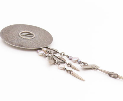 925 Sterling Silver Vintage Brooch Pin ROPER Pearl Geometric Dangle  BP12432