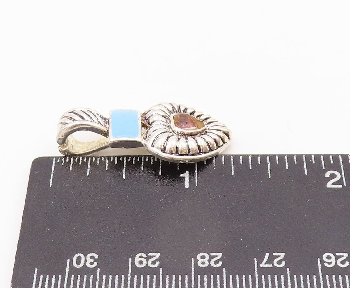 925 Sterling Silver Vintage Pendant Solid Gemstone Inlay Grooved Heart  PT23898