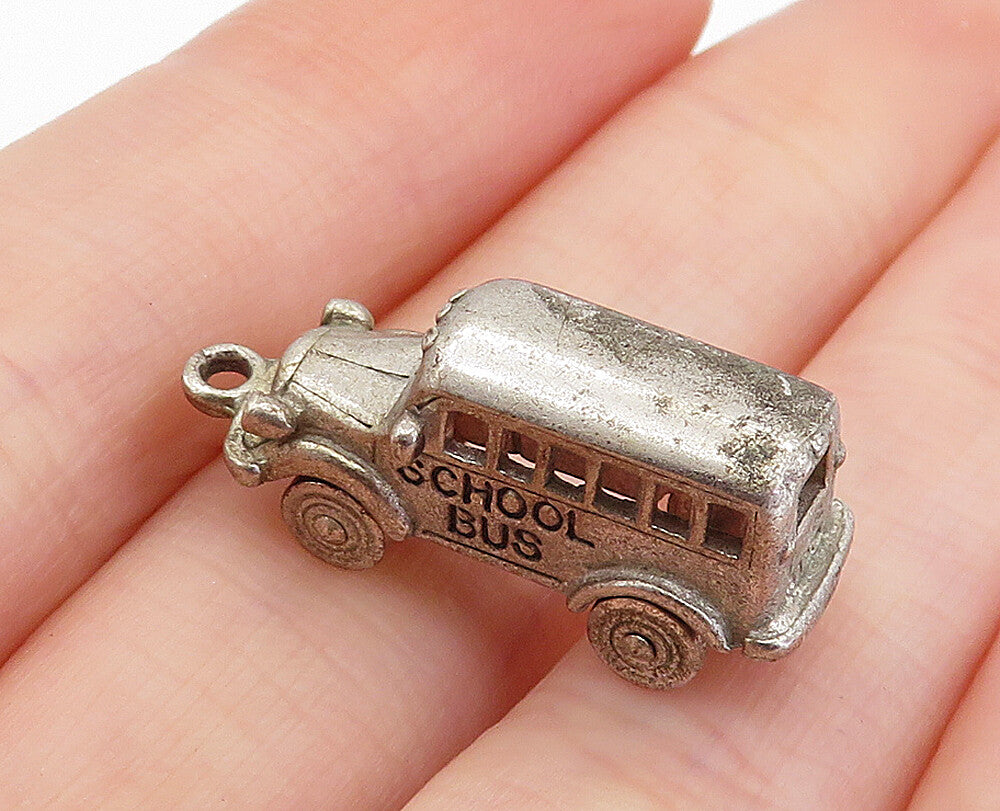 925 Sterling Silver  Vintage Petite Dark Tone School Bus Drop Pendant  PT5630