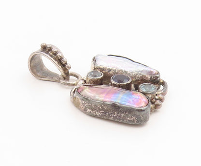 925 Sterling Silver Vintage Pendant Mother Of Pearl & Amethyst Charm  PT25913