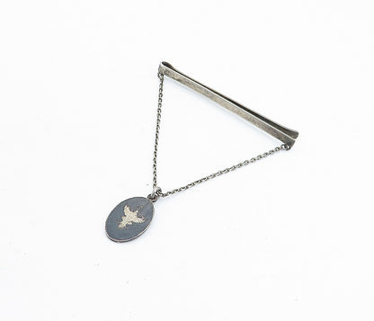 SIAM 925 Sterling Silver  Vintage Niello Etched Chained Thin Tie Clip  TR1183