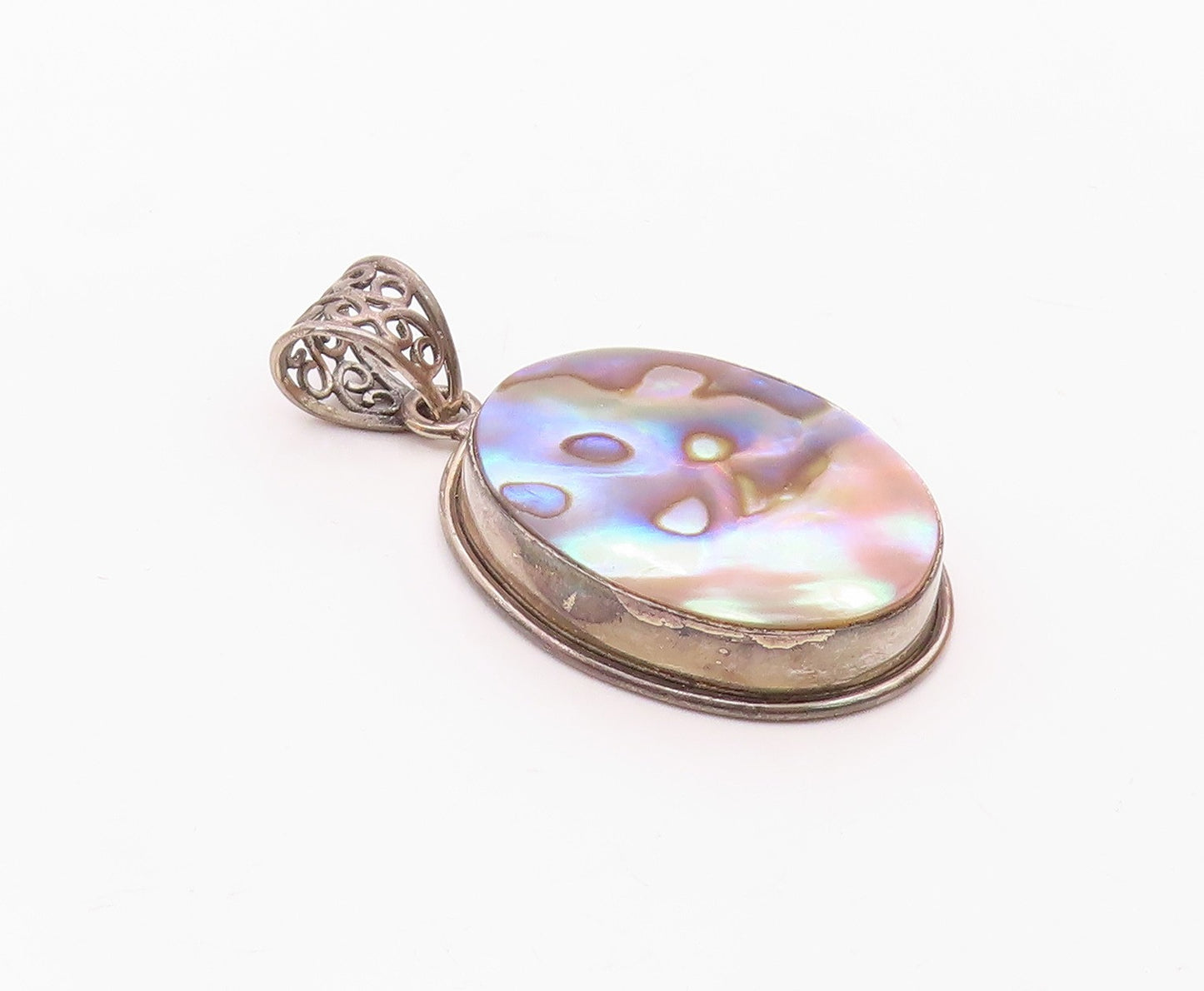 925 Sterling Silver  Vintage Abalone Shell Oval Swirl Bail Pendant  PT9169