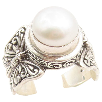 925 Sterling Silver Vintage Ring Elegant Pearl Butterfly Motif  Sz 7  RG36748