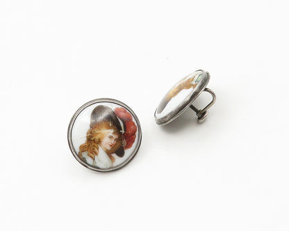 925 Sterling Silver  Vintage Enamel Portrait Round Non Pierce Earrings  EG9430